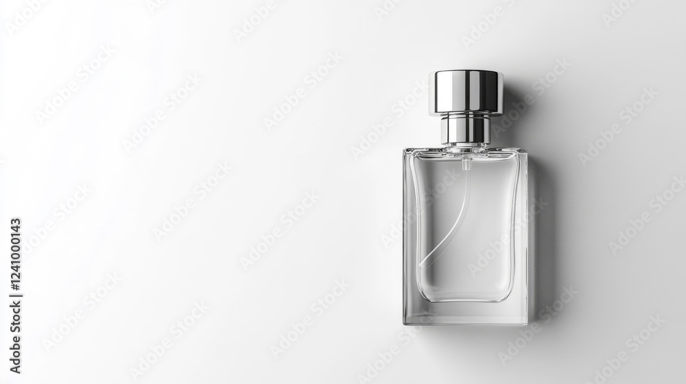 Clear Glass Perfume Bottle with Silver Cap on White Background Clear Glass Perfume Bottle with Silver Cap on White Background