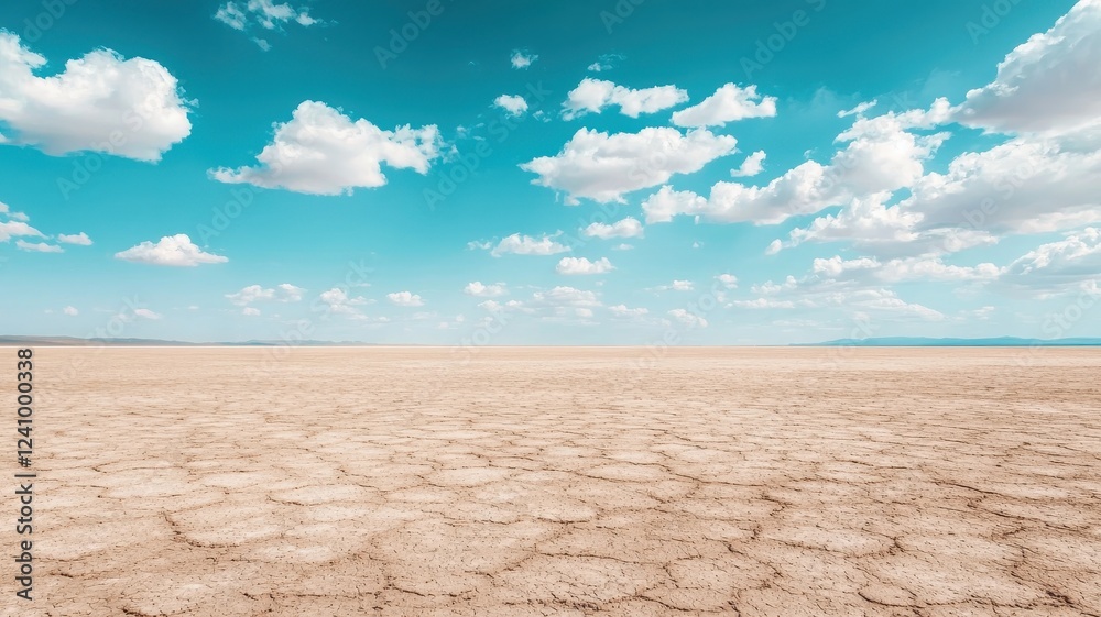 Expansive Desert Landscape Under a Vivid Blue Sky with Puffy Clouds Dry Cracked Earth
