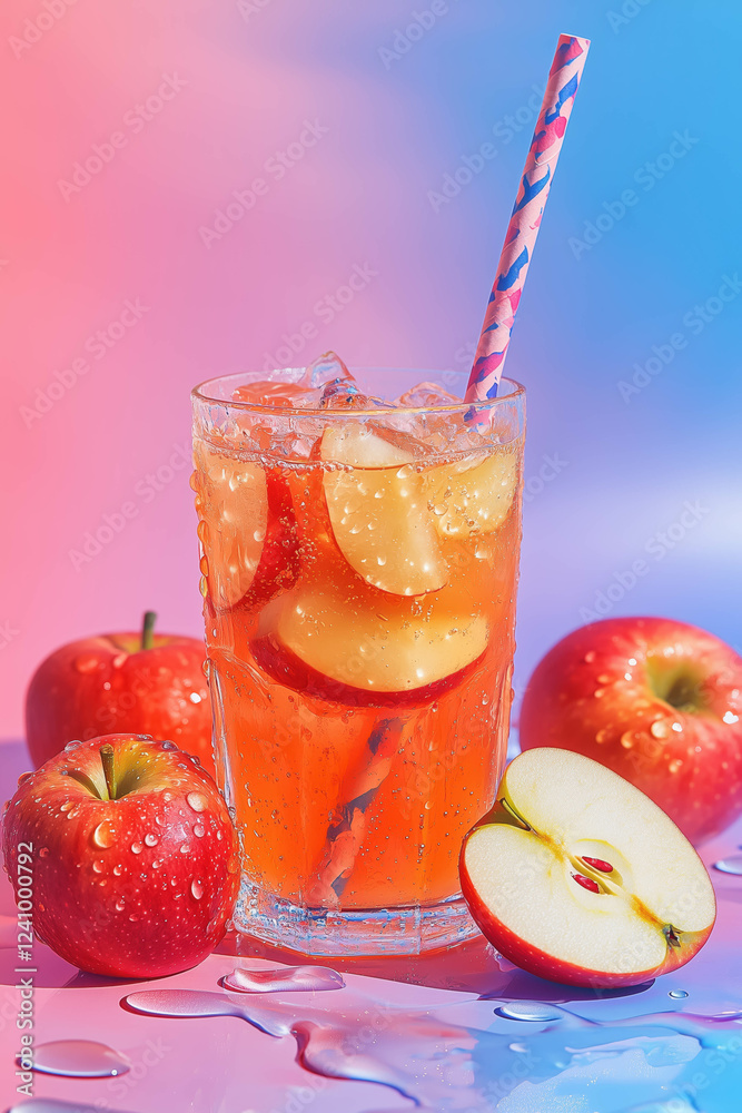 Refreshing apple drink with ice and sliced fruit on colorful vertical background Refreshing apple drink with ice and sliced fruit on colorful vertical background
