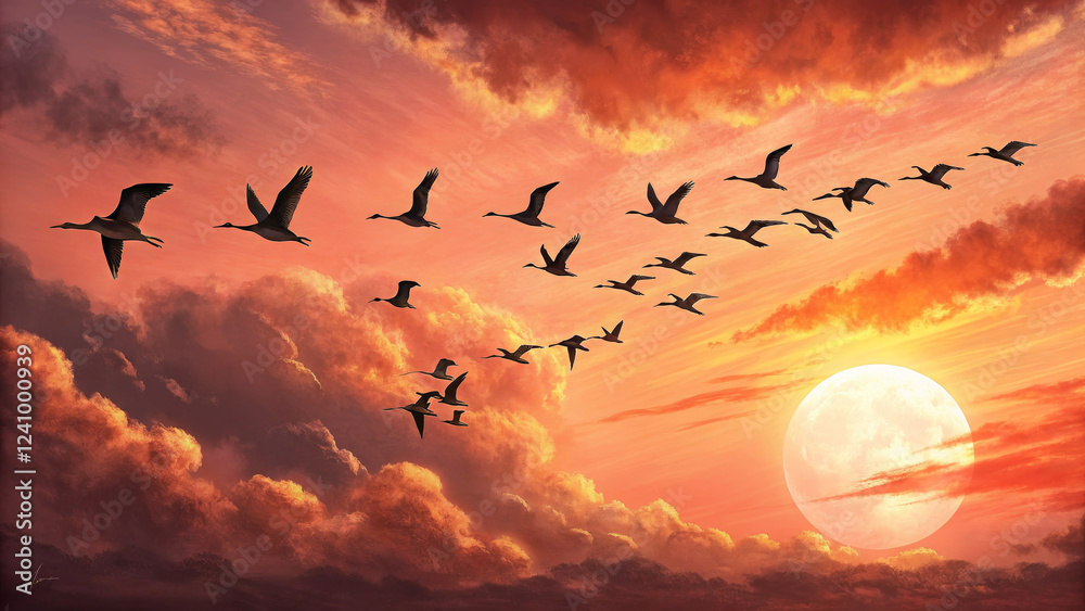 Fototapeta premium Flock of Birds Flying in V-Formation at Sunset