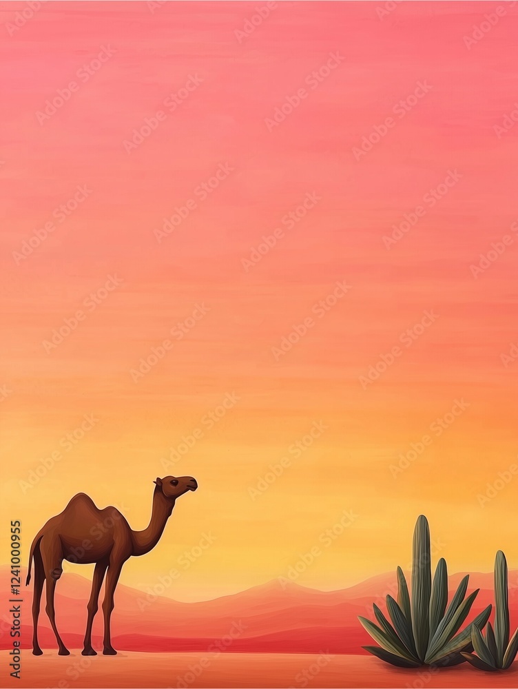 A camel stands in a desert landscape, framed by a vibrant sunset that transitions from orange to pink, with cacti in the foreground. A camel stands in a desert landscape, framed by a vibrant sunset that transitions from orange to pink, with cacti in the foreground.