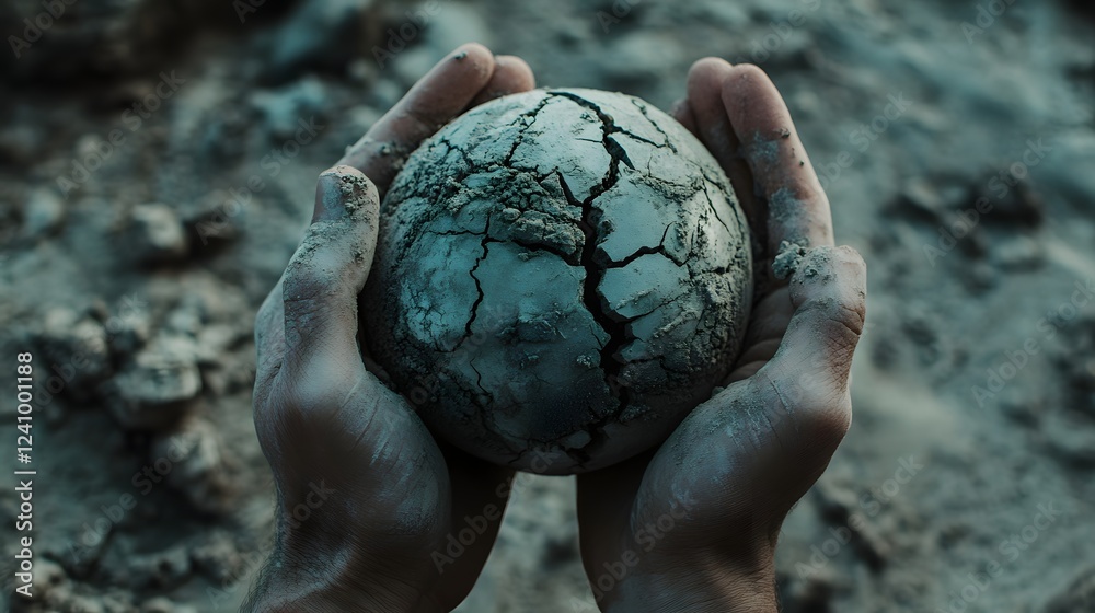 Cracked Earth Globe in Hands: A pair of hands gently cradles a small, cracked globe, symbolizing environmental fragility and the urgent need for conservation. Cracked Earth Globe in Hands: A pair of hands gently cradles a small, cracked globe, symbolizing environmental fragility and the urgent need for conservation.