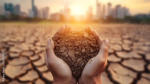 Hands Holding Soil Against Drought: A poignant image of hands cradling a handful of fertile soil, a beacon of hope amidst a cracked and parched landscape. photo