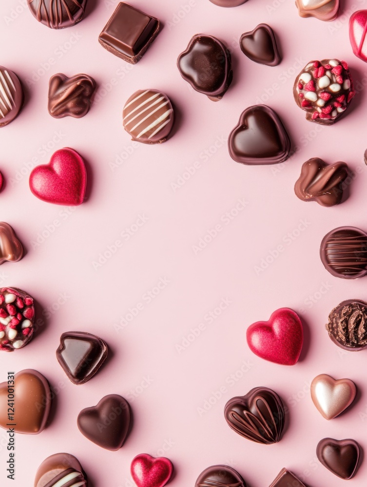 Fototapeta premium A Symphony of Hearts: A Delightful Collection of Exquisite Chocolate Hearts, Beautifully Displayed on a Pastel Pink Surface, Creating a Scene of Pure Romance and Sweet Indulgence