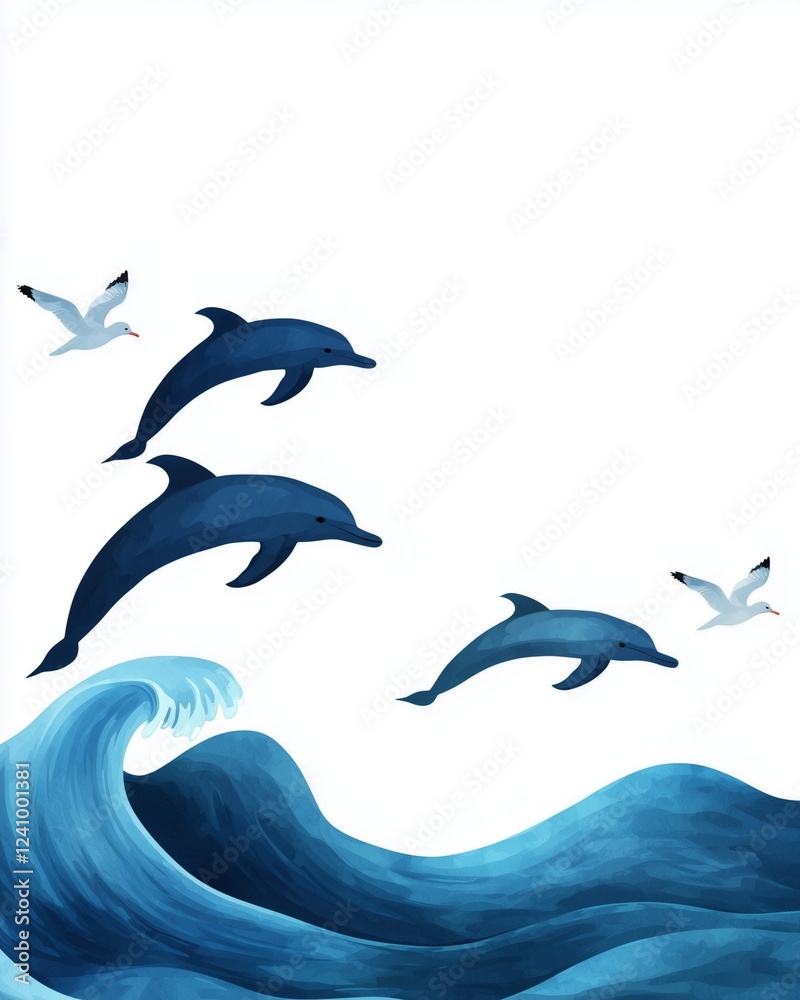 Fototapeta premium A vibrant illustration depicting dolphins leaping over ocean waves, with seagulls flying above, capturing the beauty of marine life.