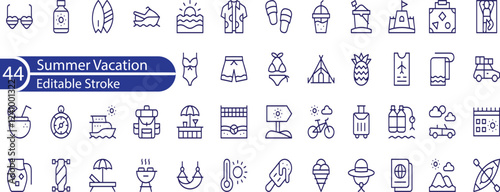 Summer Vacation Editable Icons set. sea, surfing, beach, hotel, and more.