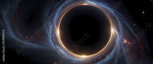 Mesmerizing visualization of a massive black hole warping time and space surrounded by brilliant stars in an awe inspiring cosmic dance photo