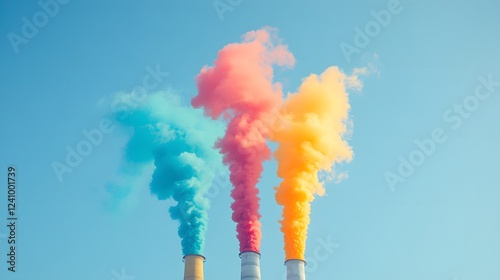 Rainbow Smokestacks: Three industrial smokestacks billow vibrant plumes of teal, coral, and golden smoke against a clear, azure sky; a surreal and thought-provoking image. 
