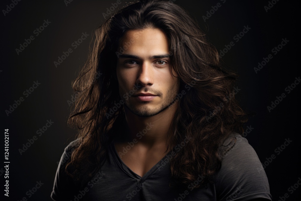Close-up Portrait of a Photogenic Hispanic Man with Long Hair on Dark Background - Generative AI Model Close-up Portrait of a Photogenic Hispanic Man with Long Hair on Dark Background - Generative AI Model