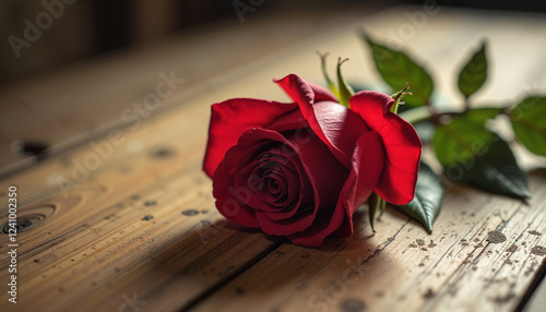 Single red rose resting on rustic wooden table