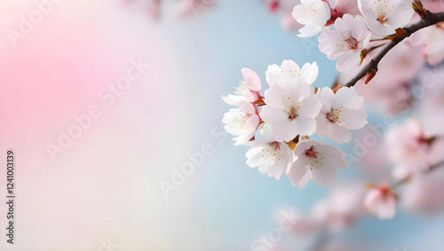 a soft, gradient pastel background with delicate cherry blossoms against a subtle, light pink ombré effect, evoking the serene and romantic atmosphere of spring photo