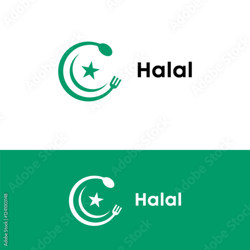 Halal Food Restaurant Logo Design Crescent Moon, Star, Spoon, Fork