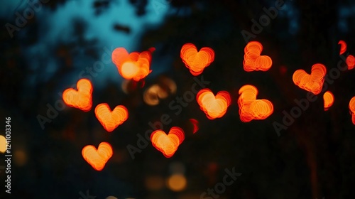 Nighttime heart bokeh lights, urban backdrop, romantic mood, Valentine's use