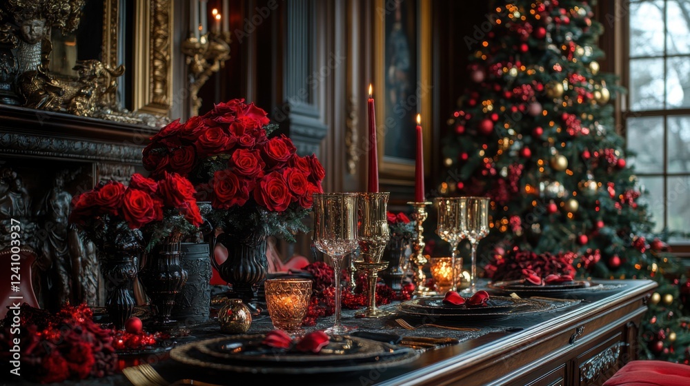 Fototapeta premium An opulent Christmas table setting features red roses, candles, and fine china, with a decorated Christmas tree in the background, creating a festive, luxurious atmosphere.