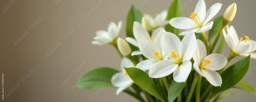Obraz premium A natural arrangement of white flowers and beige leaves in a vase, leaves, greenery, beige