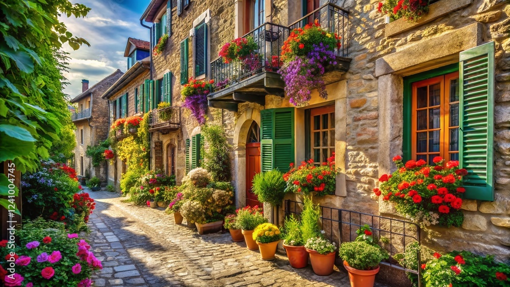 Fototapeta premium Charming European Townhouses with Blooming Balconies - Picturesque Street Scene