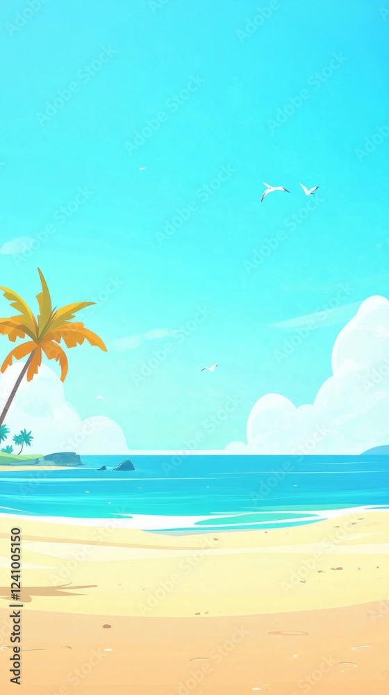 Obraz premium Tranquil tropical beach scene with palm trees and seagulls under a clear blue sky