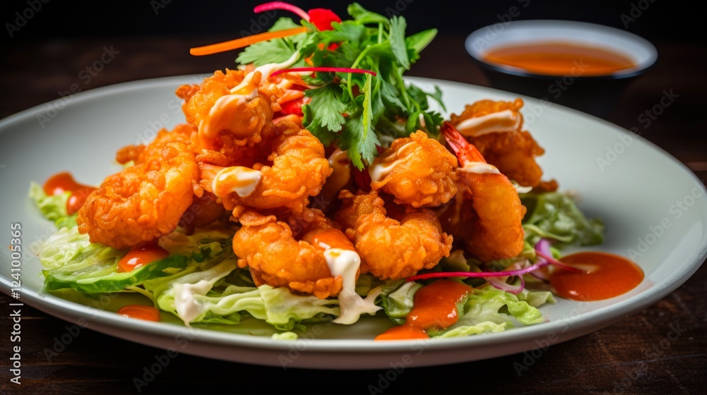 Crispy Bang Bang Shrimp with Creamy Lettuce Dressing on Soft Homemade Tortillas - Selective Focus Crispy Bang Bang Shrimp with Creamy Lettuce Dressing on Soft Homemade Tortillas - Selective Focus