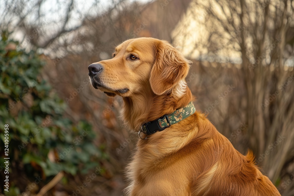 Obraz premium a portrait of a golden retriever captures the loyal and loving expression of this breed, framed against a soft, blurred outdoor setting that highlights its charm