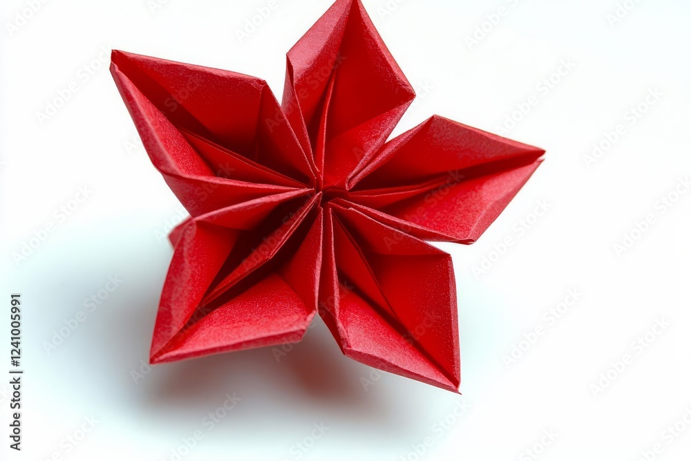 Lotus flower origami on white. Beautiful and simple model, folded red paper. Handmade ornaments, DIY, children's art. , isolated on white background, , copy space for text, Lotus flower origami on white. Beautiful and simple model, folded red paper. Handmade ornaments, DIY, children's art. , isolated on white background, , copy space for text,