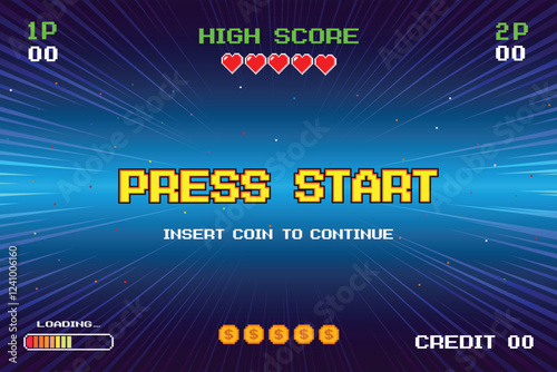 PRESS START INSERT A COIN TO CONTINUE. pixel art .8 bit game. retro game. for game assets. Retro Futurism Sci-Fi Background. glowing neon grid. and stars from vintage arcade computer games