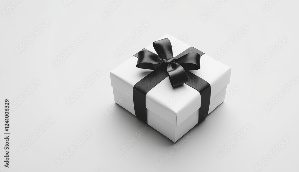 Fototapeta premium A white gift box with a black ribbon and bow on a plain light gray background. Simple and elegant gift wrapping. Perfect for e commerce, marketing