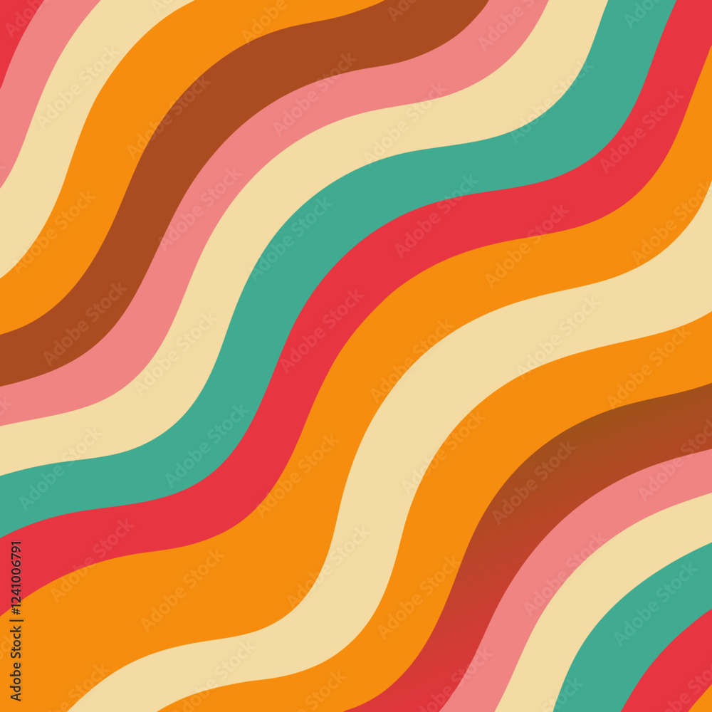 Obraz premium Groovy 70s Wavy Stripes Pattern in Vibrant Colors