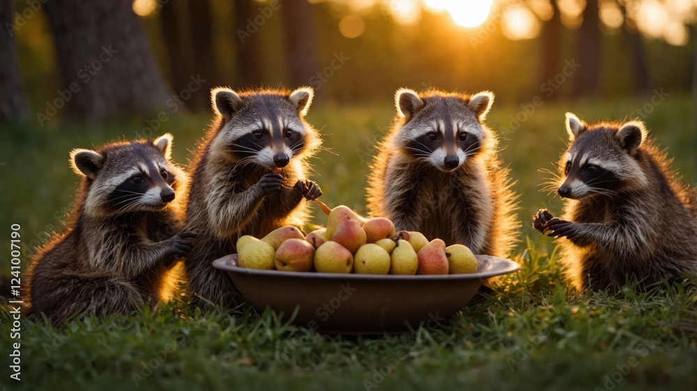 Obraz premium Four raccoons gathered around a bowl of apples at sunset in a forest setting
