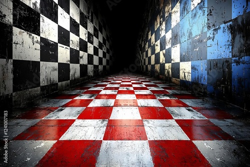 Pop art checkered racing flag on stylish metallic red, white, and blue background , isolated on white background,  , copy space for text,