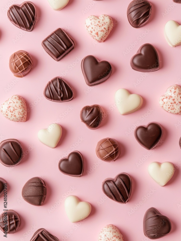Fototapeta premium A Symphony of Hearts: A Delightful Collection of Exquisite Chocolate Hearts, Beautifully Displayed on a Pastel Pink Surface, Creating a Scene of Pure Romance and Sweet Indulgence