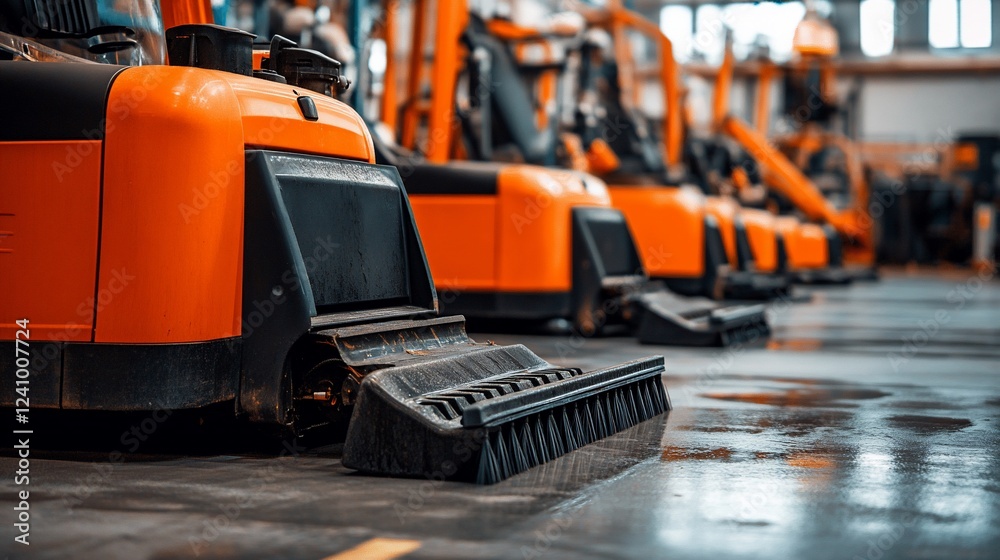 Orange floor sweepers in a row. Orange floor sweepers in a row.