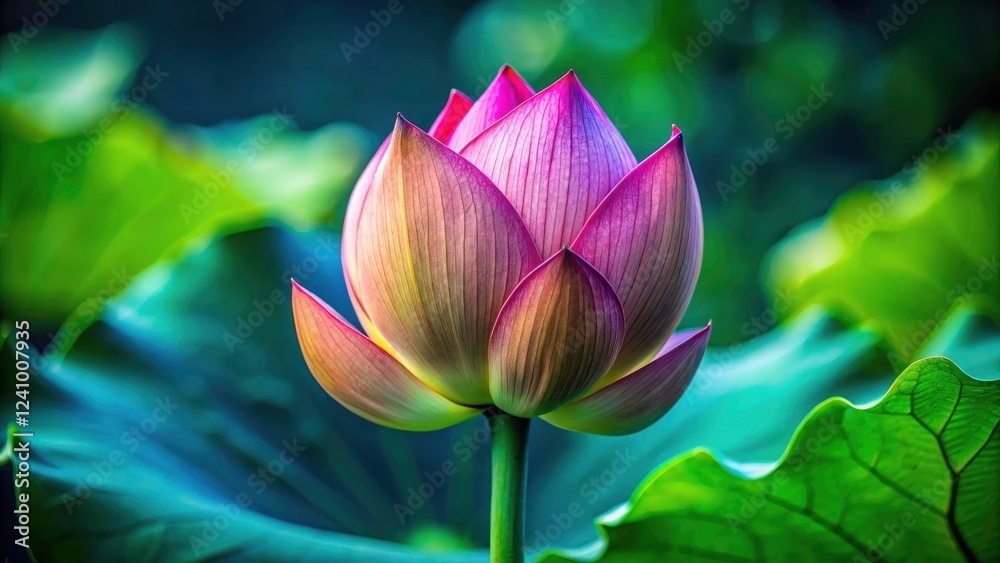 Obraz premium Close-up macro shots reveal the breathtaking beauty of a lotus bud, a water lily's nascent elegance in nature's embrace.