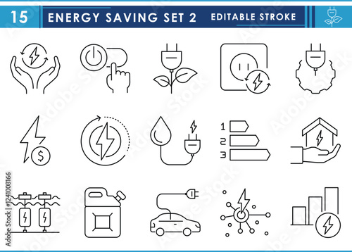 A set of line icons related to Energy Saving. Save, green energy, plug, power, gear, hydro power, gasoline, and so on. Vector editable stroke.