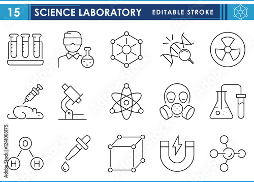 A set of line icons related to Science Laboratory. Science, chemistry, test tube, physics, biology, microscope, and so on. Vector editable stroke.