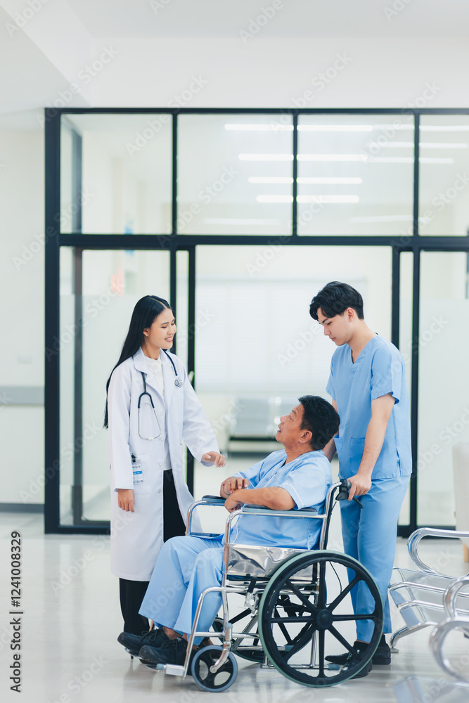 Healthcare and medical concept Happy asian woman doctor talking health with old patient in wheelchair in hospital ward Healthcare and medical concept Happy asian woman doctor talking health with old patient in wheelchair in hospital ward