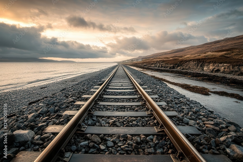 a solitary railway track disappearing into a stark landscape of rocks and water, emphasizing isolation and journey, with dramatic lighting and a sense of endless possibility on the horizon a solitary railway track disappearing into a stark landscape of rocks and water, emphasizing isolation and journey, with dramatic lighting and a sense of endless possibility on the horizon