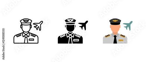 Pilot icon. Airline captain sign. Aviation and flight symbol. Professional aircrew with airplane pictogram. Airport and transportation illustration.