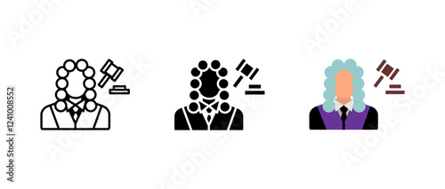 Judge with gavel icon. Court magistrate sign. Legal authority symbol. Courtroom pictogram. Law and justice illustration.