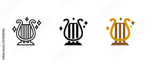 Lyre icon. Classical string instrument sign. Antique music and melody symbol. Greek heritage and artistic performance pictogram. Elegant orchestral illustration.