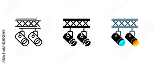 Spotlight icon. Professional stage lighting sign. Theater and concert illumination symbol. Event and performance scene pictogram. Studio and exhibition lamp illustration.