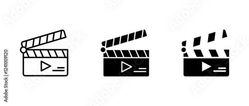 Clapperboard icon. Classic film production sign. Movie scene and shooting symbol. Director tool pictogram. Hollywood filmmaking illustration.
