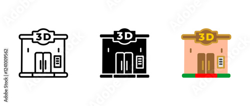 3D cinema icon. Modern movie theater sign. Film screening venue symbol. Cinema building pictogram. Indoor entertainment location illustration