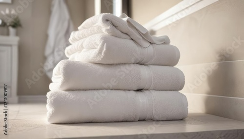 Stack of folded white bath towels leaning against a wall in a bedroom, towel stack, bedroom storage