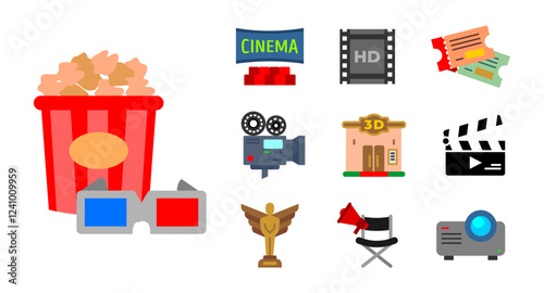 Cinema icon set. Popcorn and 3D glasses sign. Movie tickets, HD film, and big screen symbol. Camera, clapperboard, and director chair pictogram. Projector, award statue, and 3D cinema illustration