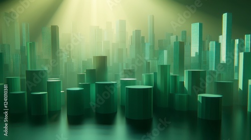 Digital rendering of a futuristic city skyline, featuring light teal and muted green tones, illuminated by a spotlight. Buildings are abstract