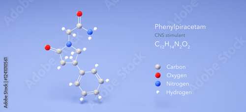 phenylpiracetam molecule, molecular structure, nootropic, 3d model, Structural Chemical Formula and Atoms with Color Coding photo