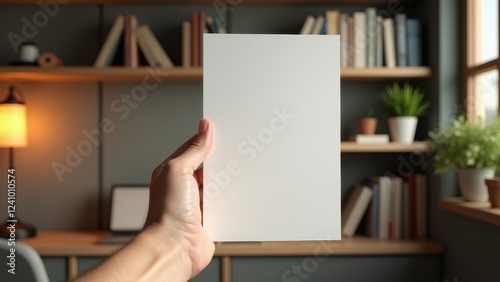 A4 Paper Mockup in Hands, Cozy home office setting hand holding photorealistic A4 mockup with clean typography design.