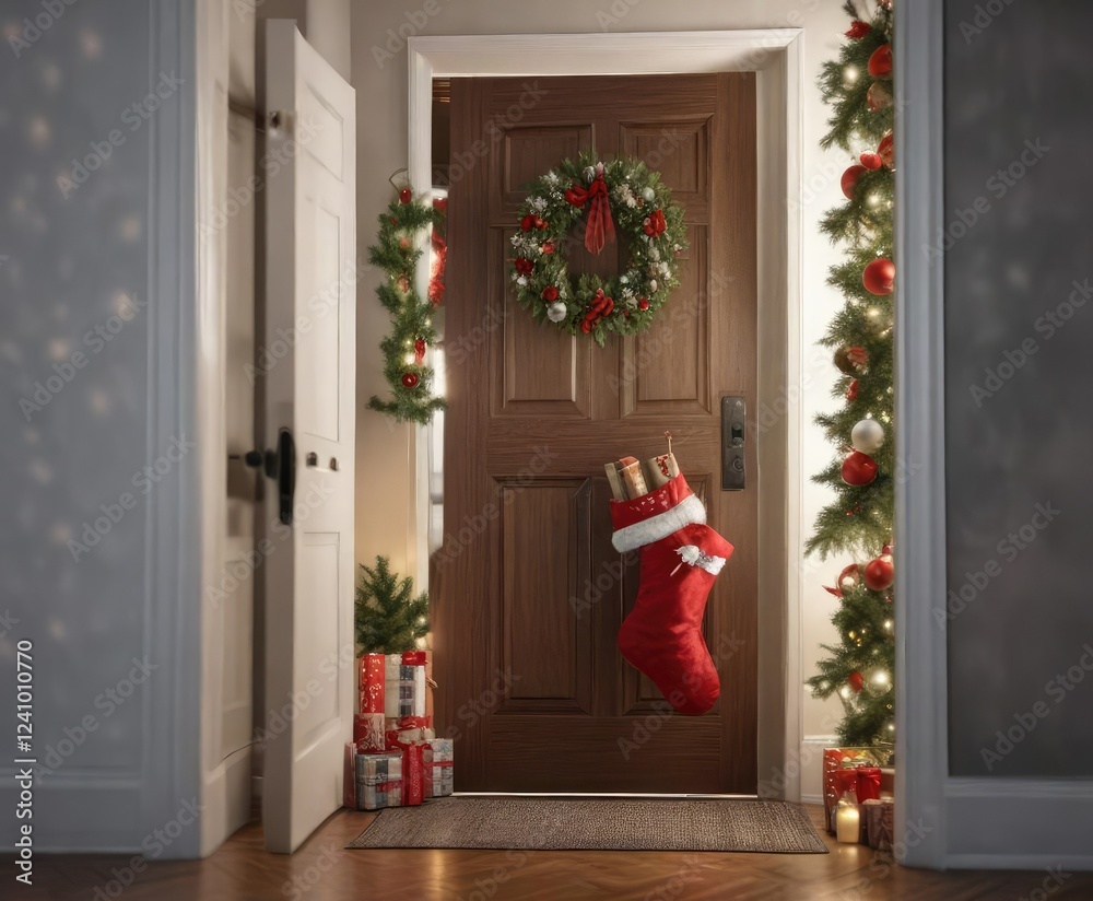 Fototapeta premium Stocking hung on door with festive holiday decorations, holiday theme, holly, berries