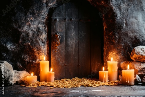 A candlelit medieval treasury where a nobleman withdraws gold coins from a mystical vault with heavy iron doors photo