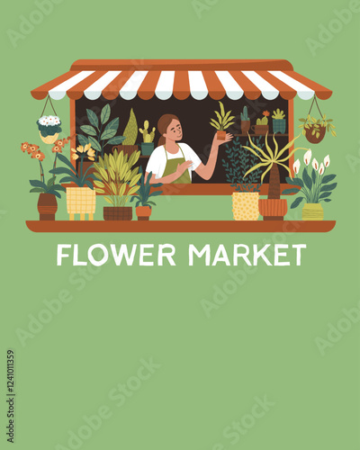 Banner with a stall of domestic flowers. Flower fair. A woman serves indoor flowers. Plants stand in pots on the display case. Flat vector illustration.